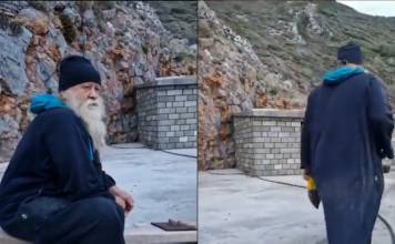 VIDEO: Părintele Iosif, bistrițean la origine, toarnă betoane pentru reabilitarea prodromului de pe Muntele Athos, unde locuiește