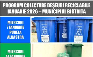 Program colectare deșeuri reciclabile în Bistrița și localitățile componente, în ianuarie 2026