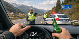 N-a vrut să oprească la semnalele poliției. A continuat să ”zboare” pe DN 17, oprindu-se într-un podeț de beton