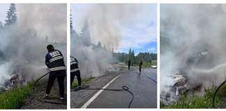 VIDEO – Șanț: Rulotă cuprinsă de flăcări, în timp ce rula pe carosabil