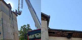 FOTO: Intervenția la înălțime! Un acoperiș s-a deteriorat de la infiltrațiile de apă